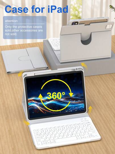 Funda con teclado Bluetooth compatible con iPad A16 (11a/10a gen), 9a/8a/7a gen (10.2"), iPad Air (10.9"/11"), hecha de TPU con cubierta de piel sintética PU, teclado inalámbrico Bluetooth (batería de 150mAh) e incluye soporte, color gris plata