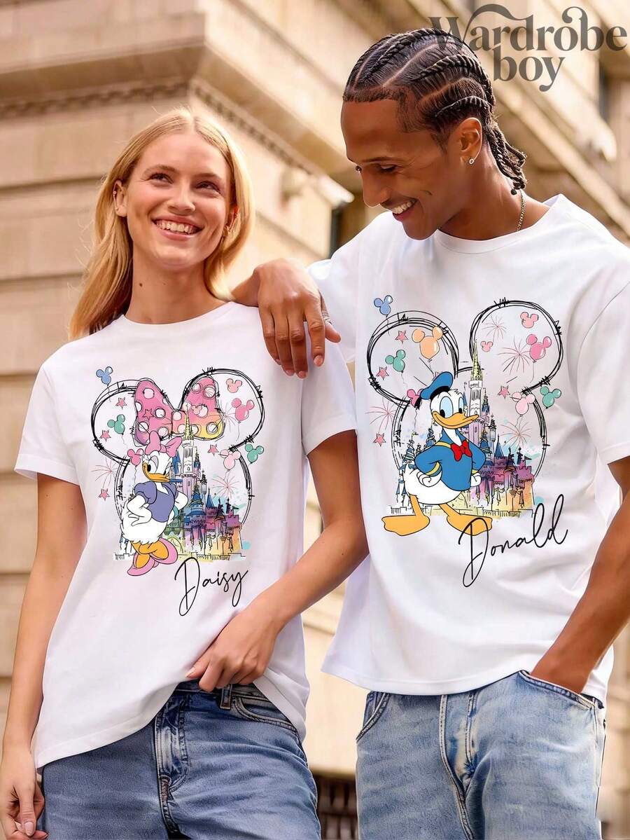 1PC Disney Printed T-Shirt,Disney Donald Duck And Daisy Couple Outfits T-Shirt,High-Quality Pure Cotton T-Shirt,Suitable For All Seasons, Comfortable And Breathable| Exquisite Design | The Best Choice For Giving Gifts - 白人 - 查看 1