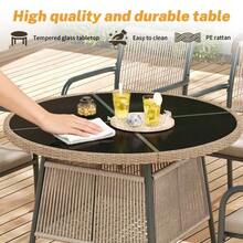 Modern Rattan Garden Furniture Set, Including A Round Glass Table And Four Armchairs, With An Iron Frame. Ideal For A Terrace, Balcony Or Patio. - Grey - View 5