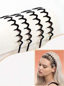 4pcs/1pc Set Shiny Black Non-Slip Headbands, Fashionable Wavy Headbands With Teeth, Home Skincare Headbands, Suitable For Daily Face Washing Or Makeup - Multicolor - View 3