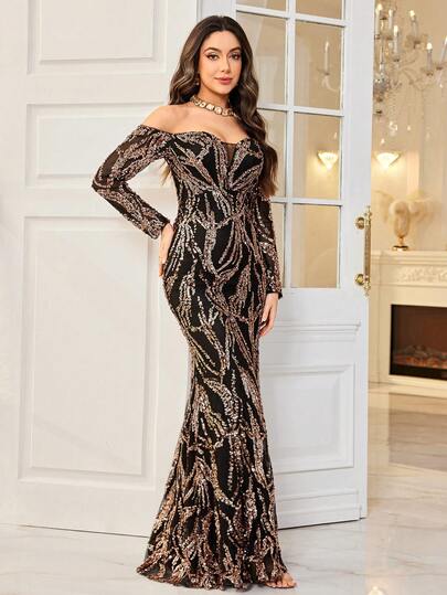 Off-Shoulder Mesh Embroidered Sequin Long Sleeve Elegant Glamorous Waist-Cinched Floor-Length Formal Evening Party Dress Wedding