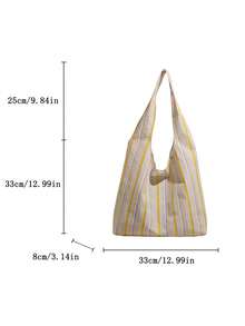 Bolso de lona fresco y elegante, bolso de hombro con textura a rayas, bolso de gran capacidad para estudiantes y viajes - Amarillo - Ver 2