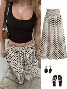 EARO 女士长款波点 A 字裙，松紧腰设计，时尚优雅，百搭款式 - 杏色 - 查看 1