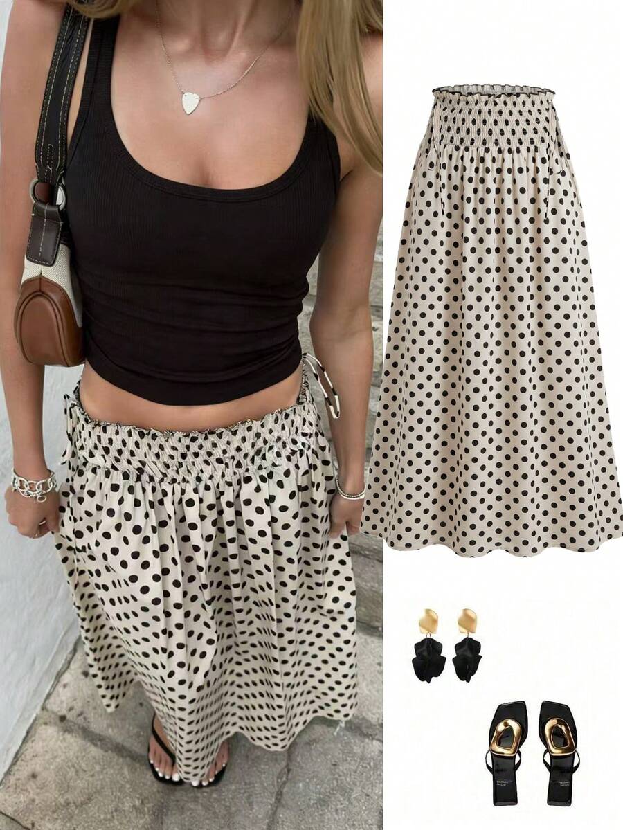 EARO 女士长款波点 A 字裙，松紧腰设计，时尚优雅，百搭款式 - 杏色 - 查看 1