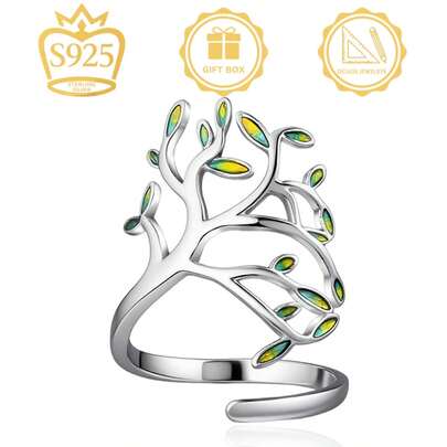 925纯银几何叶子渐变可调节戒指，独特个性化设计，适合日常佩戴、派对、馈赠亲友、情人节、生日等场合 - 礼盒包装