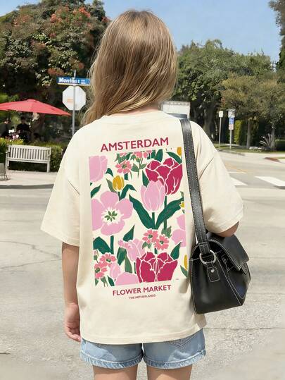 1pc Girls' Casual Floral Print Round Neck Short Sleeve T-Shirt, Summer Student Youth Clothing - The Colorful Floral Print T-Shirt Brings Joy And Happiness To Every Child! AMSTERDAM FLOWER MARKET