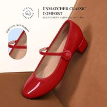 Women's Mary Jane Chunky Low Heels Comfortable Slip On Dress Shoes Closed Round Toe Casual Versatile Work Pumps Flats Shoes - 紅色 - 查看 8