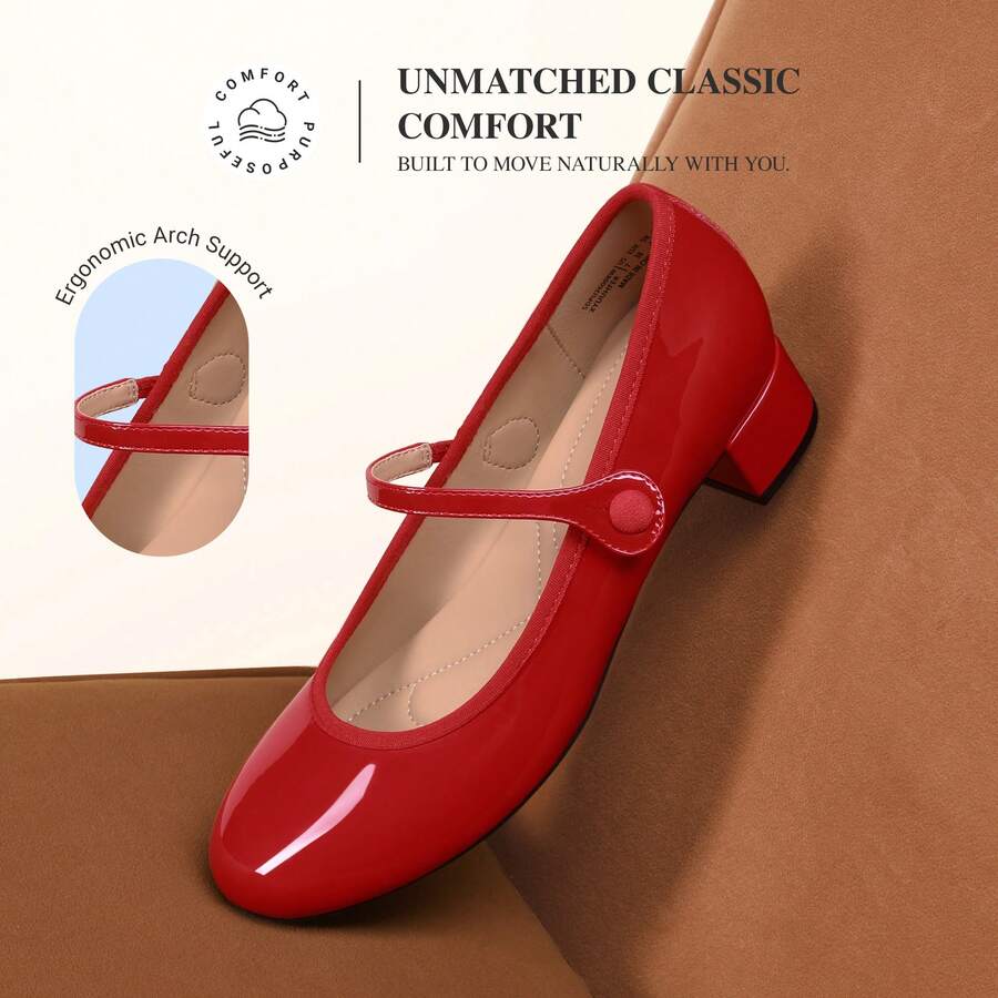 Women's Mary Jane Chunky Low Heels Comfortable Slip On Dress Shoes Closed Round Toe Casual Versatile Work Pumps Flats Shoes - Đỏ - Xem 1