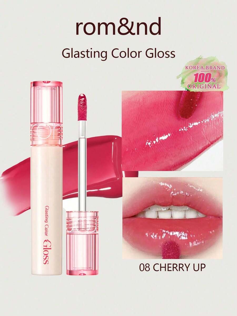 Rom&nd Tinte de agua Glasting Romand 08 Cherry Red, alta viscosidad, crea un maquillaje de labios brillante e hidratado con brillo translúcido, textura tipo gelatina, 6 horas de hidratación, fórmula vegana, portátil, maquillaje de labios de piel de cristal coreana, brillo en la cámara, hidrata los labios secos, cosméticos coreanos, 4g/0.14oz