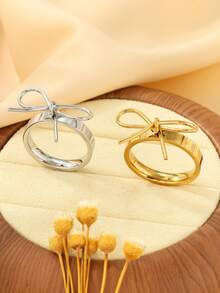 2pcs 18K Gold & Silver Plated Stainless Steel 304 Smooth Bowknot Ring Set, Cute & Minimalist, Suitable For Women's Daily Decoration Or Gift - Gold and Silver - View 2