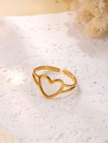 1pc Fashionable Minimalist 18K Gold Plated Stainless Steel Heart Shaped Open Ring, Suitable For Women's Daily Wear Or Gift - Yellow Gold - View 4
