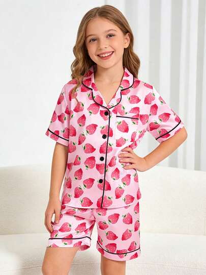 2件套少女草莓印花短袖短裤睡衣套装，粉色