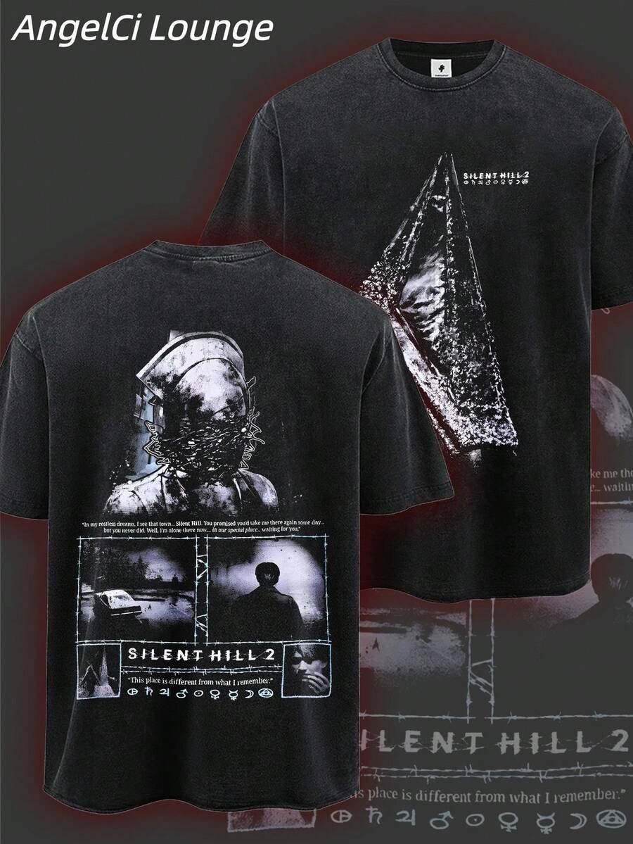 100% Pure Cotton Washed T-Shirt, "Silent Hill 2" Quotation And Thorny Helmet Back Printed Pattern, Summer Short Sleeved, Comfortable, Soft And Breathable, Versatile T-Shirt Top - màu đen - Xem 1