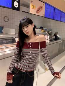 American Contrast Stripe Off-Shoulder Long Sleeve T-Shirt, Slim Fit Elegant Women Top For Early Spring - Burgundy - View 2