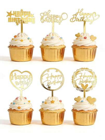 Acrylic Happy Birthday Cake Toppers, Gold Glitter Cupcake Picks For Birthday Party Cake, Dessert And Pastry Decoration