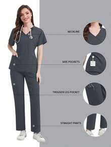 女款修身護理刷手服套裝，短袖上衣與長褲，秋季款 - 深灰色 - 查看 1