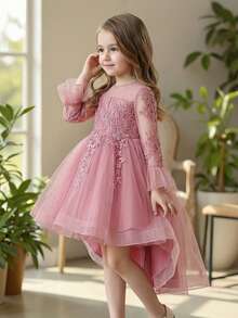 Modisches, süßes Kleid mit floraler Stickerei, Pailletten und weiten Ärmeln, hohe Taille, geeignet für Geburtstagsfeiern, Feiertage, Hochzeiten, Fotografie, Frühling/Sommer/Herbst/Winter - Pink - Übersicht 13