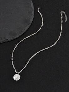 1pc Stainless Steel Twisted Rope Chain Necklace With Coin Pendant, Casual Daily Wear For Men - Silver - View 4
