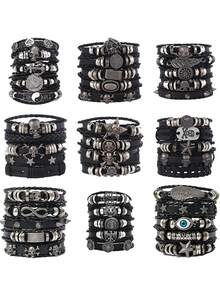 Skull Leather Bracelets For Men Retro Vintage Braided Punk Bracelet Set For Man Woman - Black - View 1