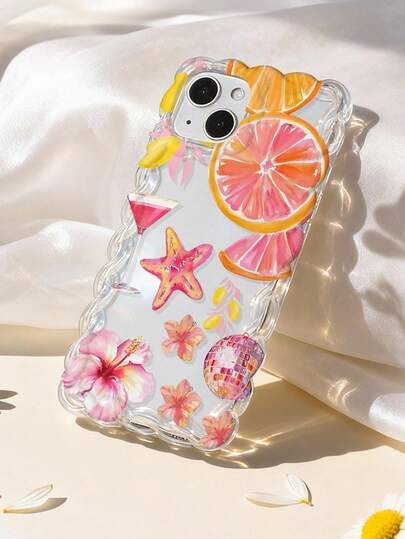 1pc Island Party Vibe Sweet Grapefruit Starfish Hibiscus Cocktail Disco Pattern Wave Crochet Silicone Anti-Drop Transparent Phone Case Compatible With IPhone 11/12/13/14/15/16/17 Pro Max