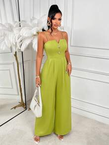 AIJ Amarilo Women's Lime Green Elegant Spaghetti Strap V Neck Button Front Wide Leg Jumpsuit For Summer Vacation Casual - Yellow Green - View 1