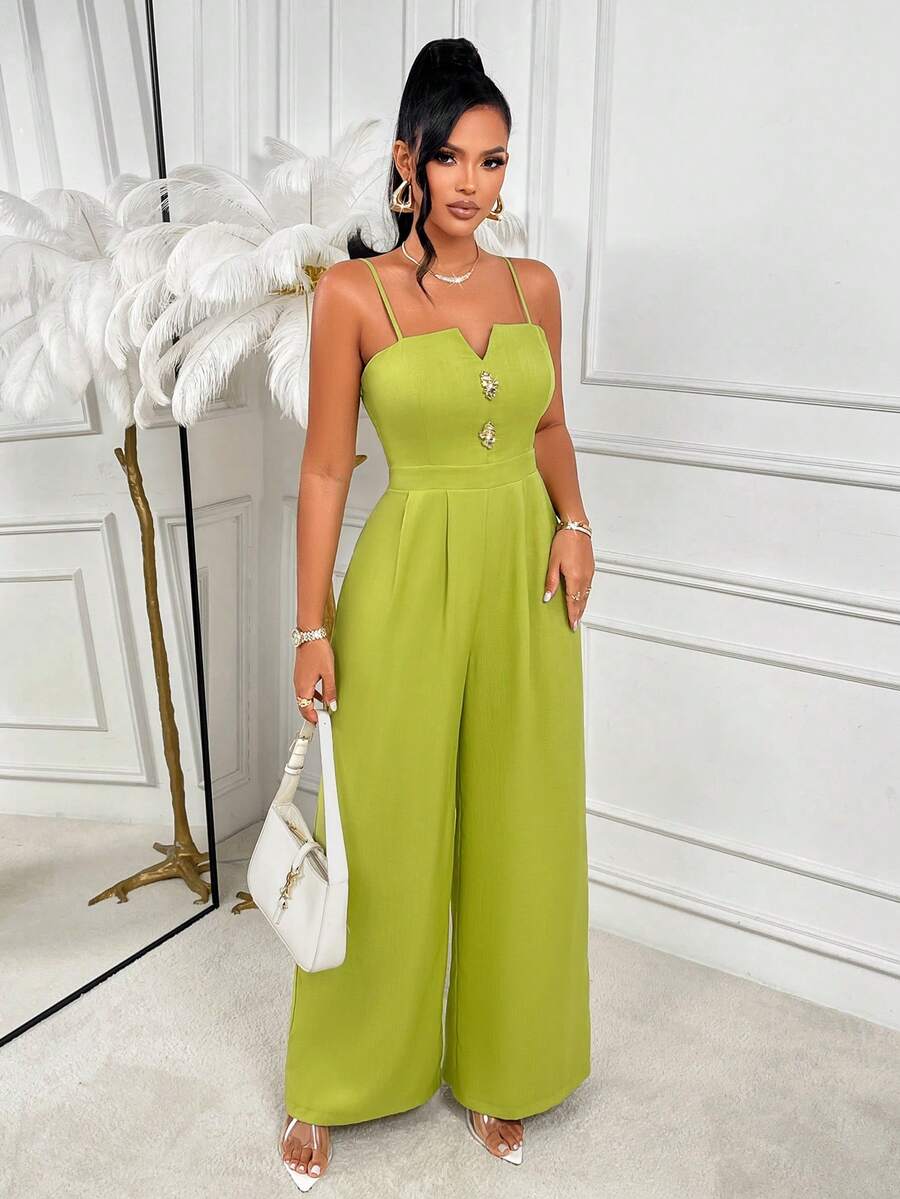 AIJ Amarilo Women's Lime Green Elegant Spaghetti Strap V Neck Button Front Wide Leg Jumpsuit For Summer Vacation Casual - Yellow Green - View 1