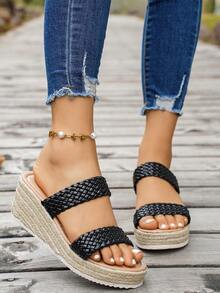 Women's Straw Wedge Rope Open Toe Slippers, Thick Sole Elevated Summer Outdoor Sandals - Black - View 3