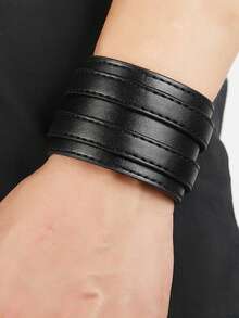 1pc Leather Bracelet, Multi-Layer Wide Leather Adjustable Wristband, Suitable For Men's Daily Wear - Black - View 12