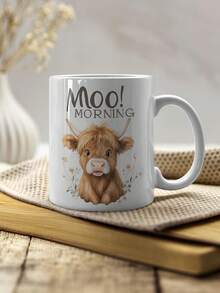 11oz Ceramic Mug - Highland Cow Pattern With "Good Morning" Text, Cute Farmhouse Theme Cup - White - View 13
