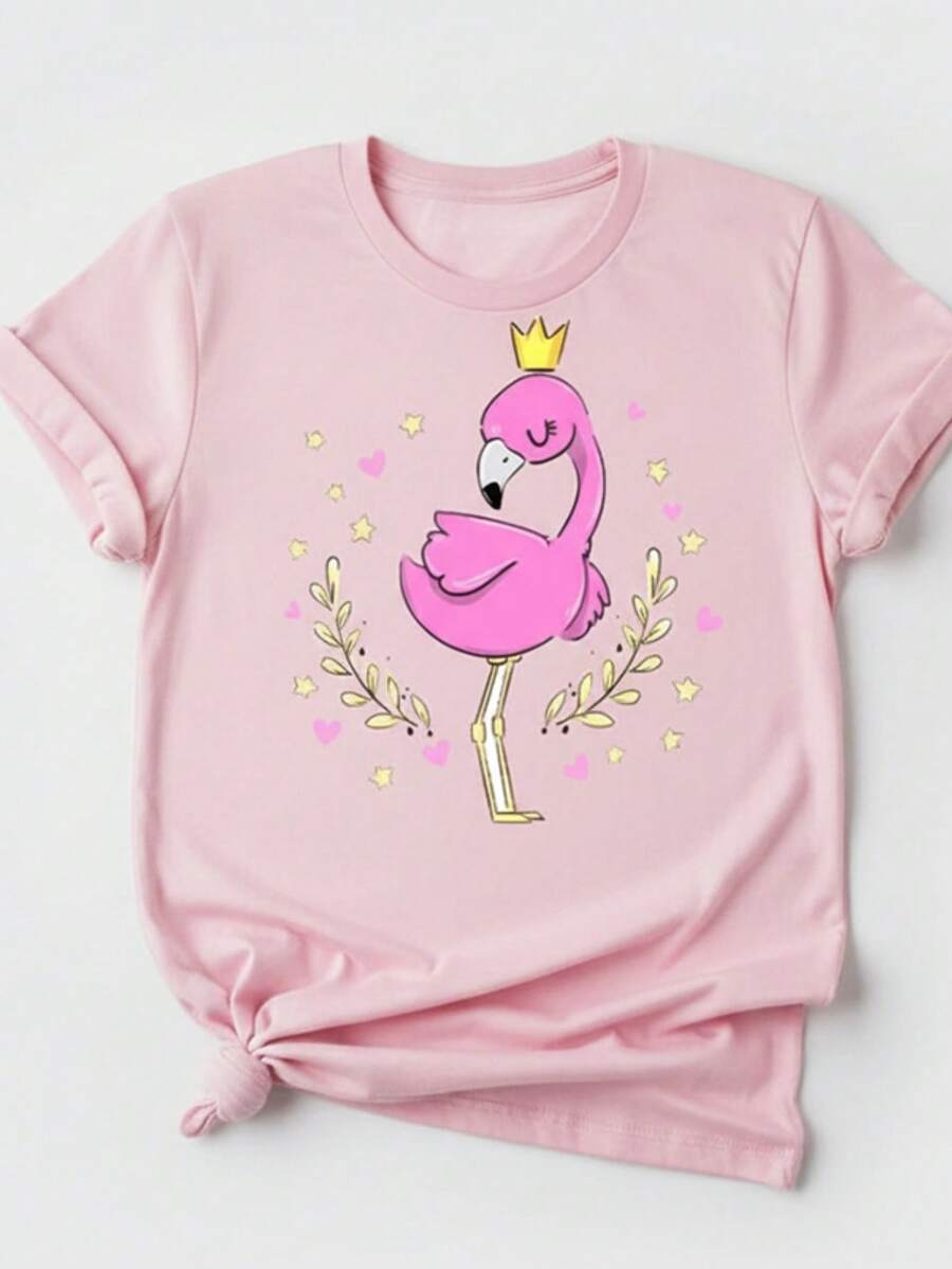 Stylish Women's T-Shirt With Flamingo And Crown Print - New Release - 100% Cotton T-Shirt - Loose, Oversized, Plus Size - GM MODAS - 羅莎 - 查看 1