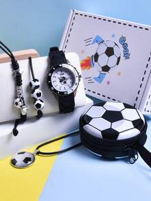 5pcs/Set 2026 New Boys' Gift Set, Including Football Sports Watch With LED Light, Quartz Wristwatch, Football Coin Purse, Earphone Storage Box, Pendant Necklace And Bracelet - Black - View 10