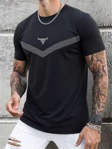男士夏季运动健身轻薄T恤，欧美休闲户外跑步速干短袖上衣 - 黑色 - 查看 2