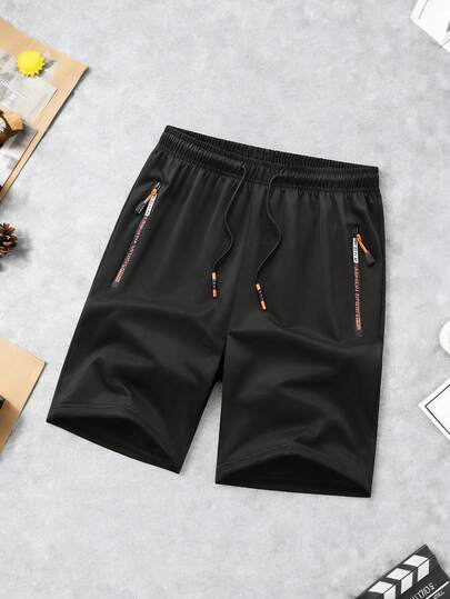 1pc Men's Printed Zipper Pocket Casual Sports Shorts, Summer