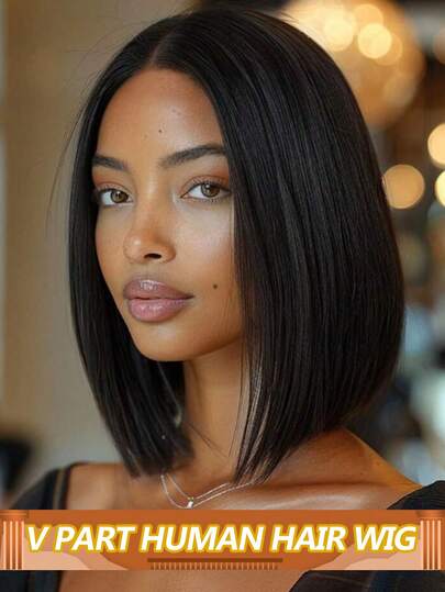 Peluca de cabello humano con estilo de cabello corto y recto tipo bobo, sin pegamento, con densidad del 180%, color negro natural brasileño para mujeres