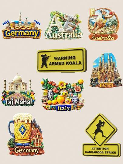 1pc Global Cultural Landmark 3D Resin Fridge Magnet, Including Munich Oktoberfest + Australia Koala Letter A + Kangaroo Basketball + Koala Warning Sign + Barcelona + Taj Mahal + Italian Food Market + German Beer Stein Cabin + Kangaroo Boxing Warning Sign, Travel Souvenir Decor, Suitable For Kitchen Fridge, Entryway, Desk Display, Holiday Gifts, Souvenirs