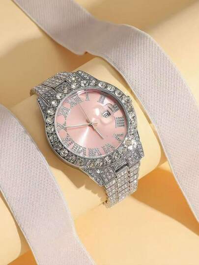 Women's Fashion Diamond-Encrusted Roman Numeral Calendar Watch