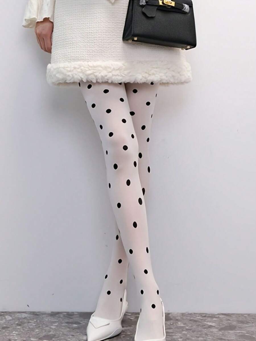1双女士天鹅绒波点紧身裤袜，白色修身连裤袜，简约美学，春夏款 - 白色 - 查看 1