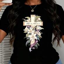Women Easter Theme Cross And Lilies He Is Risen Print Fashion Casual Round Neck T Shirt Soft Comfortable Style For Churc - 黑色 - 查看 1