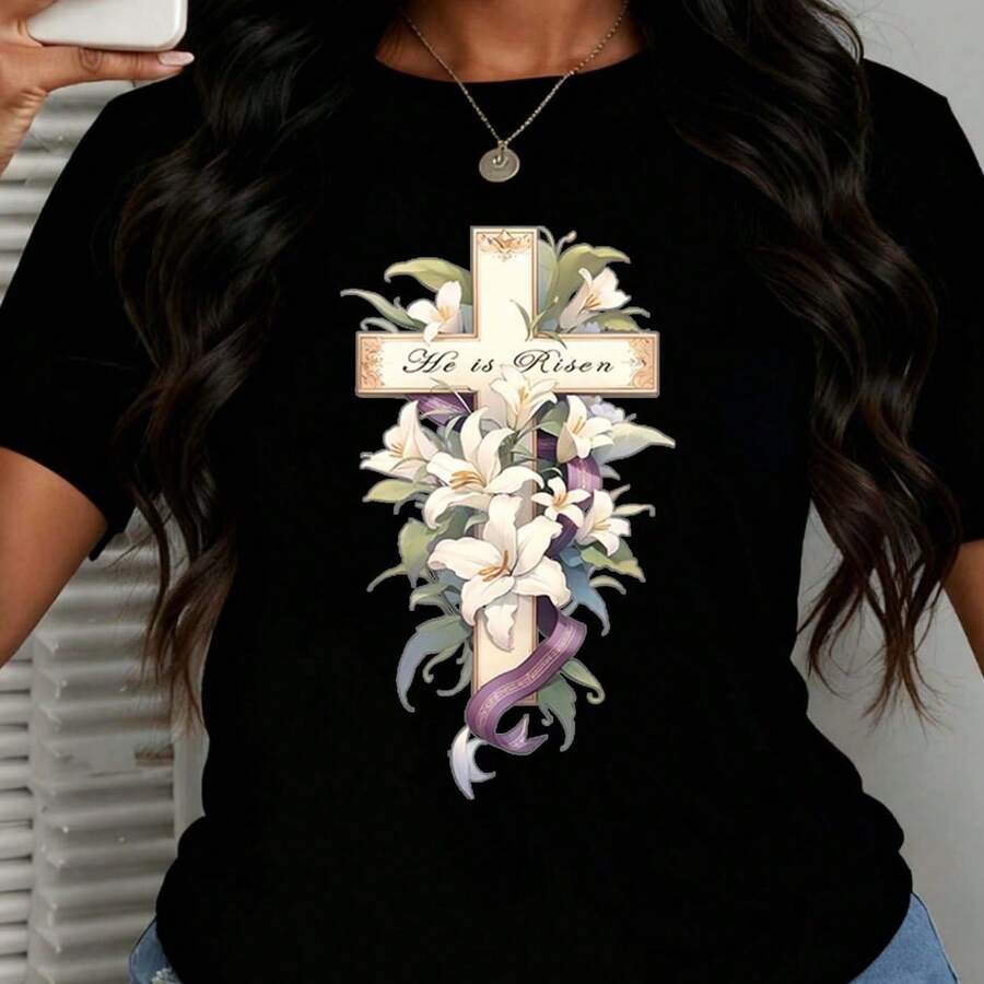 Women Easter Theme Cross And Lilies He Is Risen Print Fashion Casual Round Neck T Shirt Soft Comfortable Style For Churc - 黑色 - 查看 1