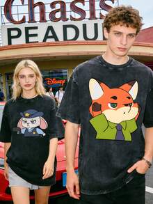 Disney Zootopia Judy Hopps And Nick Wilde Couple Vintage Washed T-Shirts  180g Washed Cotton Mickey And Minnie Flower Bouquet Loose Short-Sleeved Couple's Outfit - Black - View 1