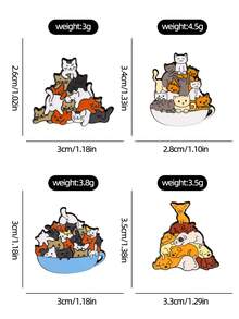 4pcs Cartoon Cat Animal Brooch, Cute Cats Playing In Bowl Stacked Design Metal Alloy Badge Clothing Accessory - Multicolor - View 4