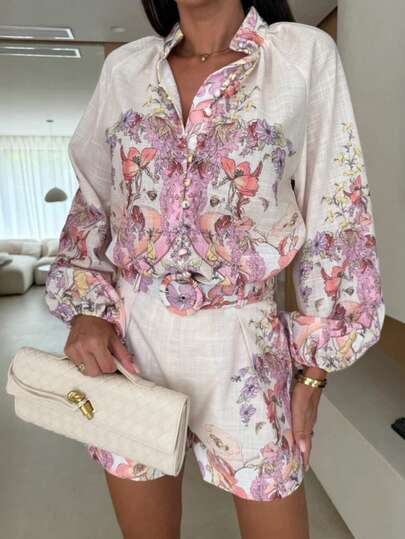 ChicMe Women 2 Pieces Floral Placement Print Set Stand Collar Lantern Sleeve Button Front Shirt And Elastic Back Waist Belted Shorts Set