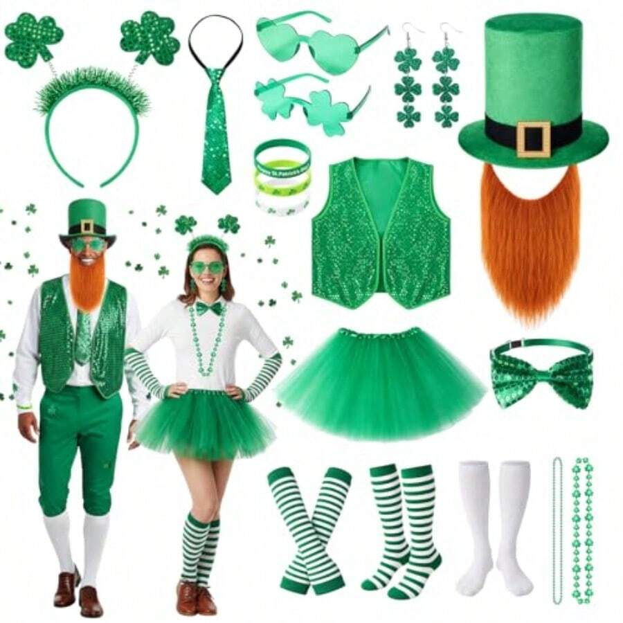 18 Pcs St. Patrick's Day Costume Set For Women Men Include Leprechaun Outfit Shamrock Hat With Faux Mustache - 如圖所示 - 查看 1