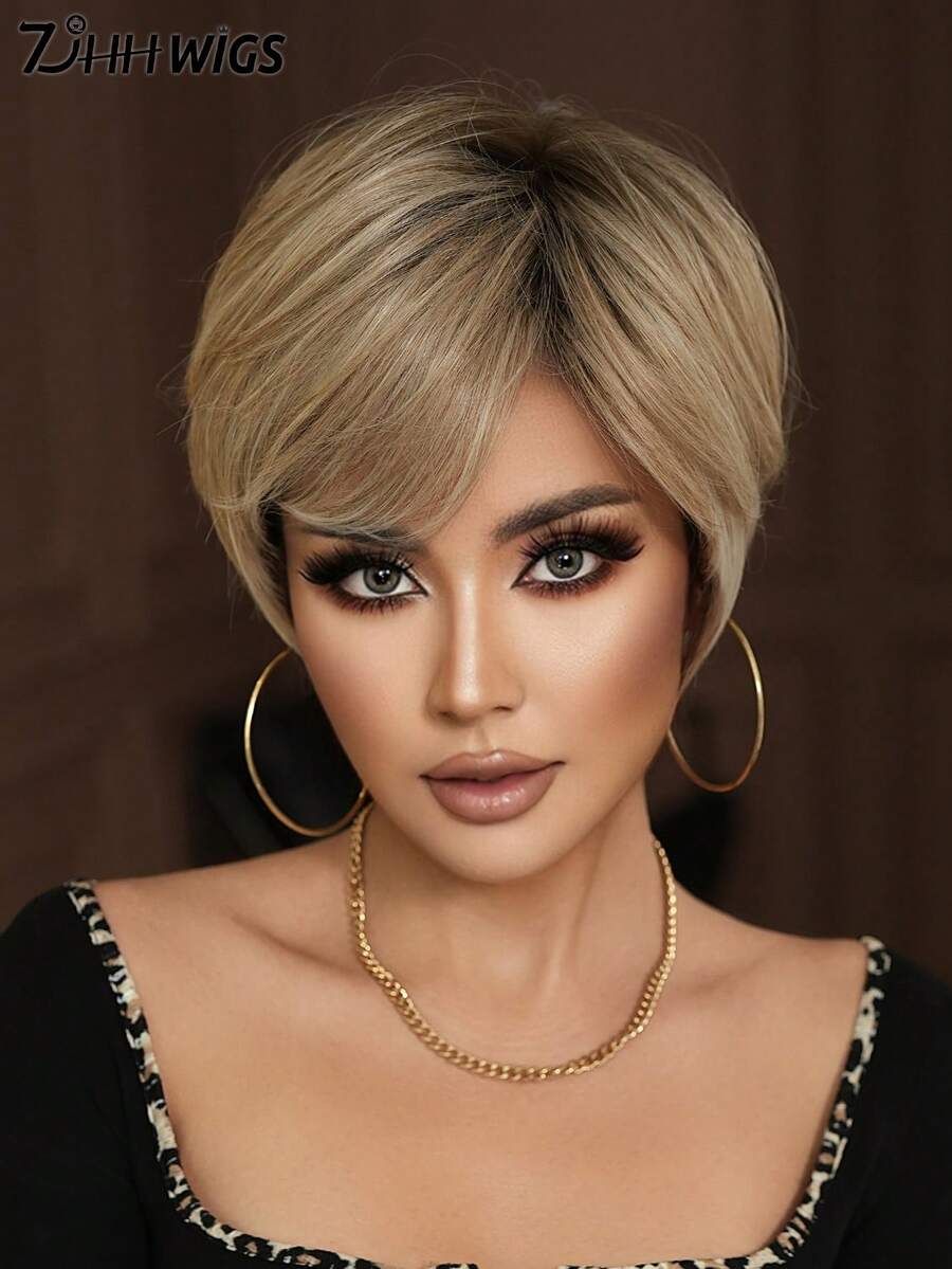 7JHH WIGS Peluca de cabello sintético resistente al calor de 8 pulgadas con flequillo, raíces oscuras y aspecto natural, ideal para uso diario, disfraces, cosplay y estilo cotidiano (sin enredos, ligera) - Rubia beige estilo bob corto para mamá elfa - Degradado Beige - Ver 1