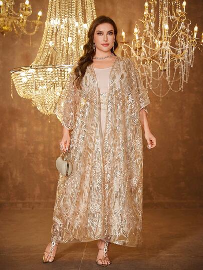  SUPGIR [Họa tiết ngẫu nhiên] Đầm dạ hội dài tay phối sequin thắt eo dành cho nữ cỡ lớn
