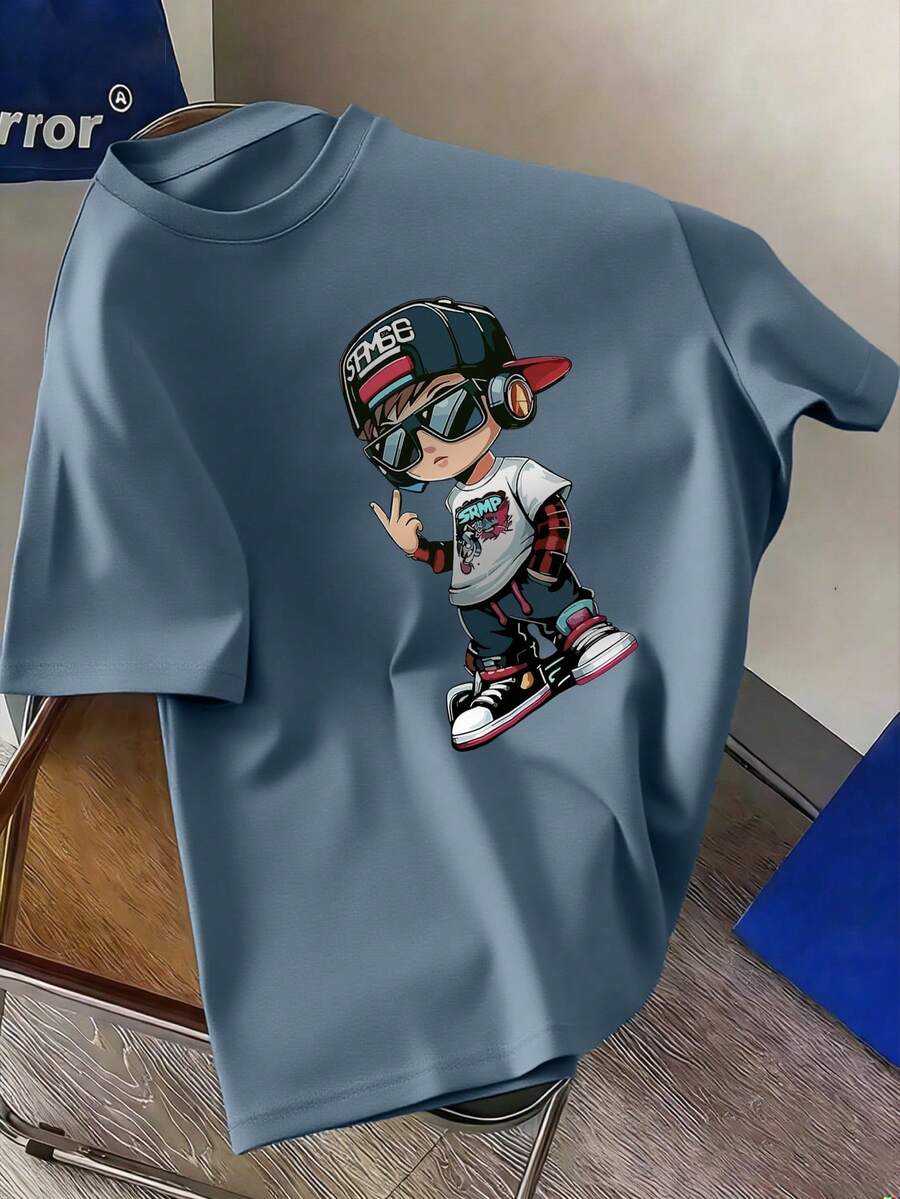 Tween Boys Casual Printed Crew Neck Short Sleeve T-Shirt, Summer Top - Dusty Blue - View 1