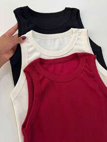 Women's Plain Basic Ribbed Cotton Tank Top, American Style, Summer Blogger Style, Cotton - RƯỢU VANG MƯỢT MÀ - Xem 2