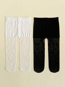 2pcs Baby Girls' Sweet Floral Pattern Anti-Mosquito Lightweight Breathable Tights, Comfortable Soft For Daily Wear - Multicolor - View 3