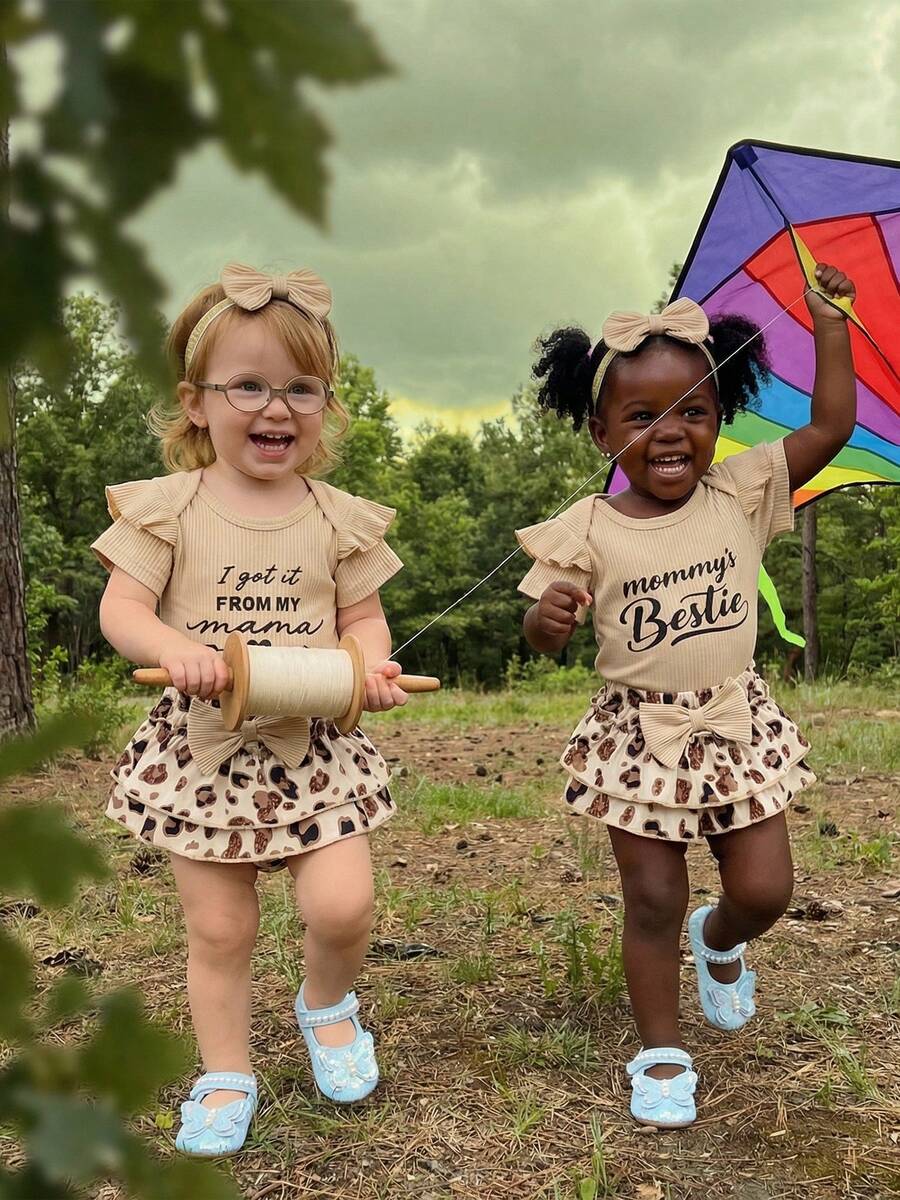 Conjunto de verano para niña pequeña, mono bonito de manga corta con estampado de letras, falda pantalón con estampado de leopardo y diadema, conjunto de 3 piezas, ropa bonita para uso diario, ideal para 0 a 18 meses. - Albaricoque - Ver 1