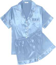 ¡Recomendado¡Conjunto de Pijama de Seda Satinada para Mujer , Suave, de Manga Corta, con Botones, Top y Pantalones Cortos, Conjunto de 2 Piezas para Dormir y Relajarse, Tallas S-XXL¡Top de Temporada! - Azul claro - Ver 6